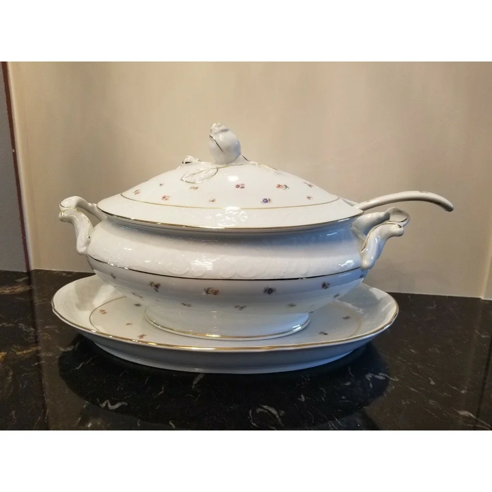 Vintage JWK Covered TUREEN w Rose Bud and Large Platter & Ladle Germany